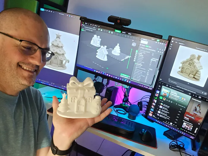 Fundador de Crafters & Makers Lab sosteniendo una casita impresa en 3D, con el modelo digital abierto en pantalla