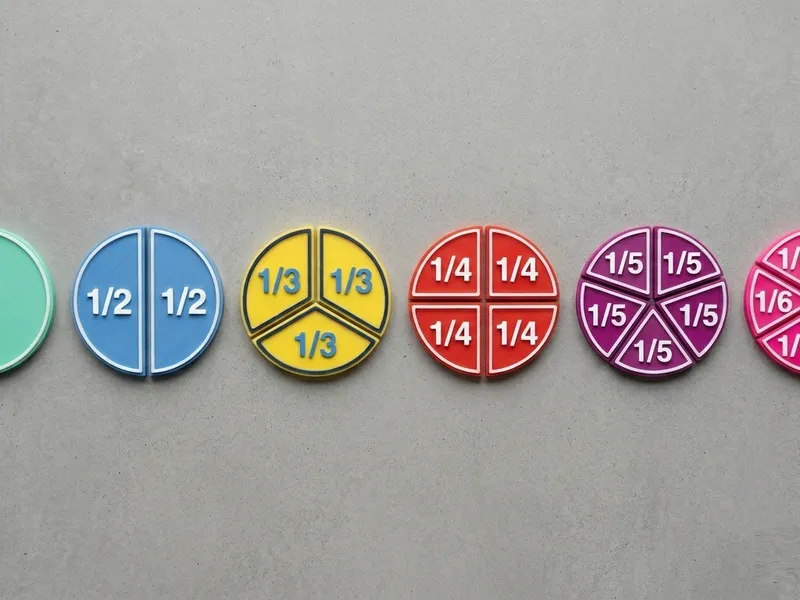 Discos ordenados por color y fracción, con texto en relieve